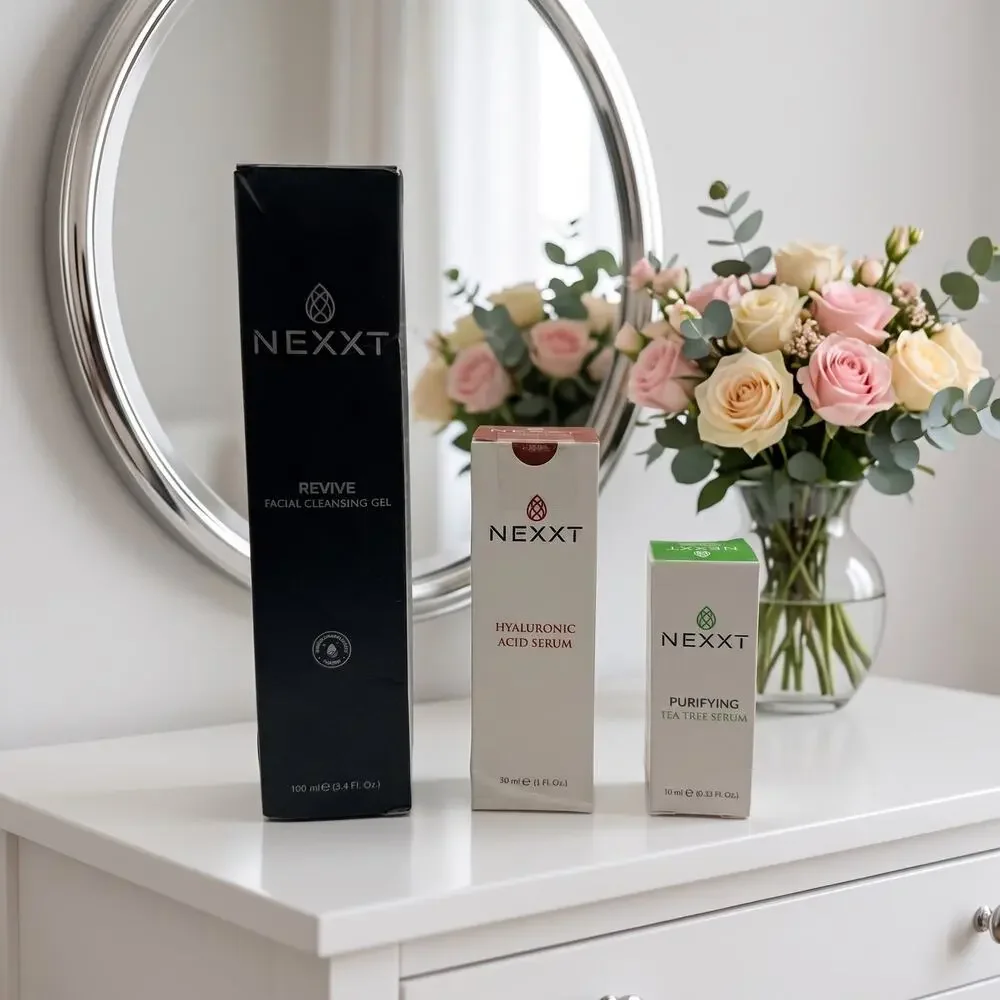 NEXXT Beauty 3 Piece Skincare Set Cleanser Hyaluronic Acid Tea Tree Serums